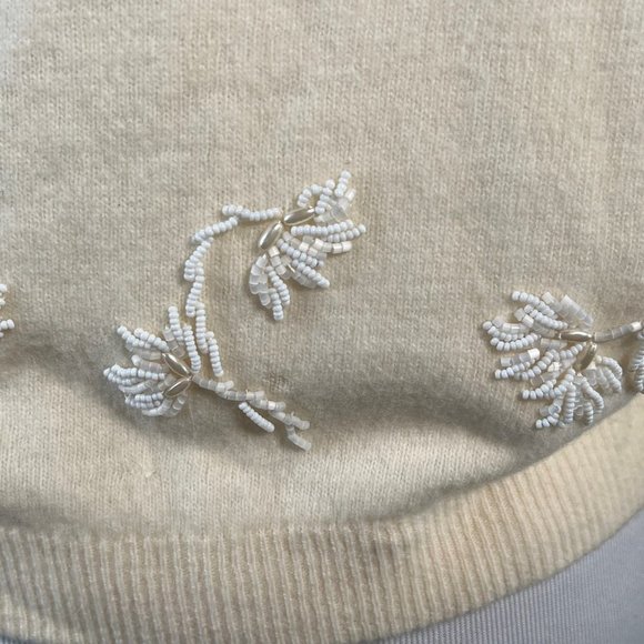 Vintage 50s Beaded Cardigan 40 / Medium Cream Lambswool Angora Pinup Rockabilly - Picture 7 of 12